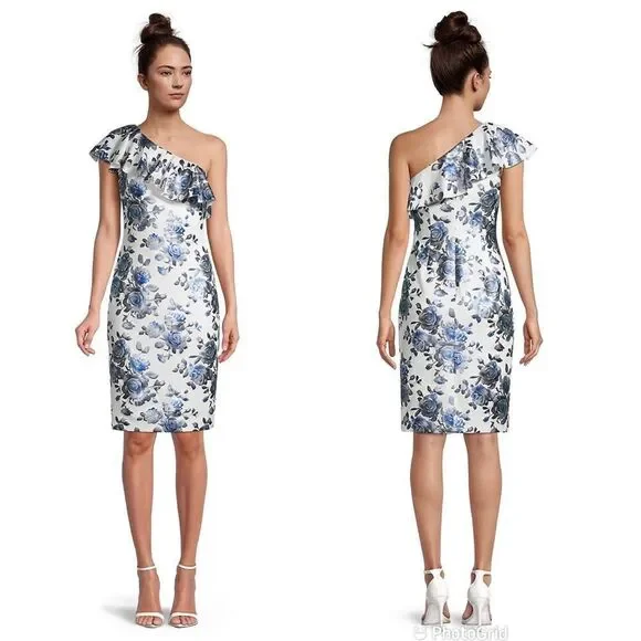 ELIZA J One Shoulder Sheath Dress Size 6 Blue Floral Print Metallic Ruffle New - Picture 9 of 13